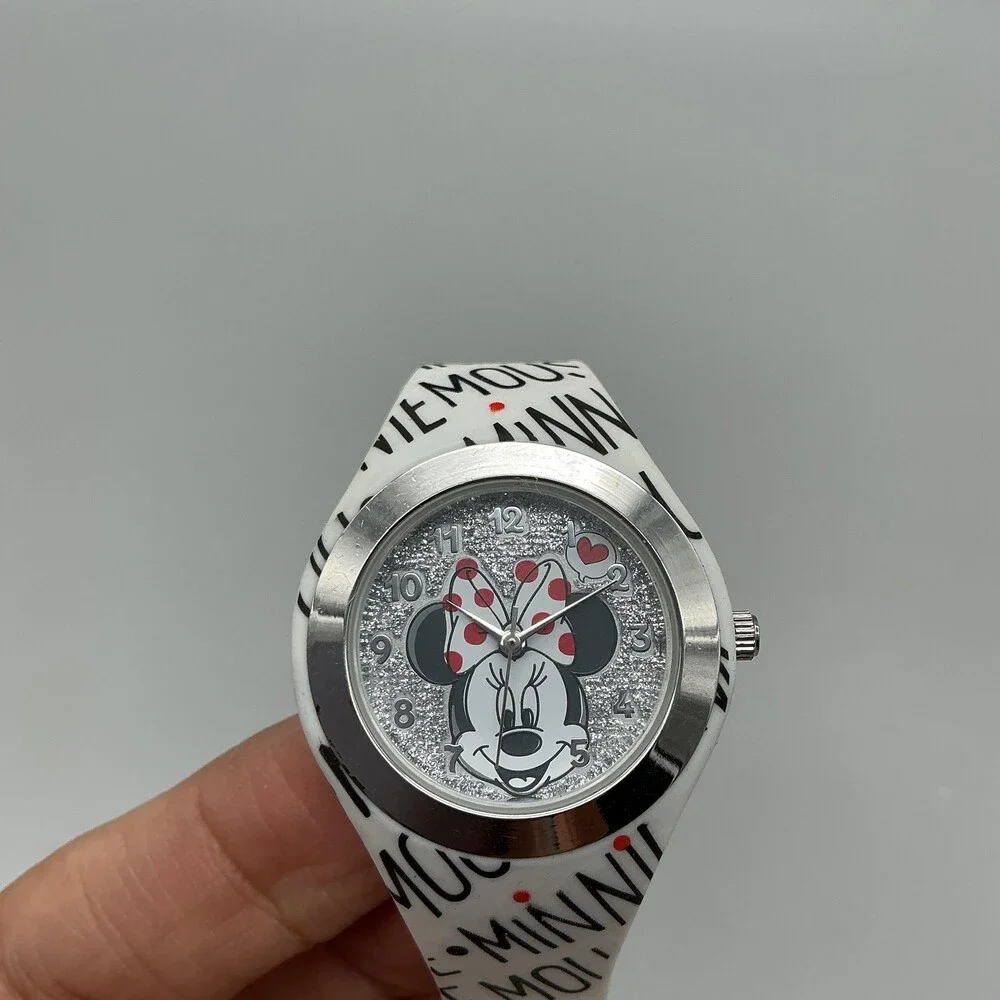 Disney Girls Watch 31mm Silver Tone Minnie Mouse Silicone MN1680BKL New Battery